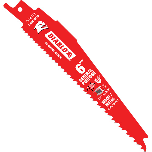 General-Purpose Reciprocating Saw Blade, Bi-Metal, 8-14 TPI, 6" L x 1" W