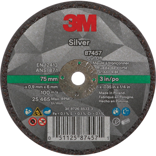 Silver Cut-Off Wheel, 3" x 0.04", 1/4"-28 Arbor, Type 1, Ceramic, 25645 RPM
