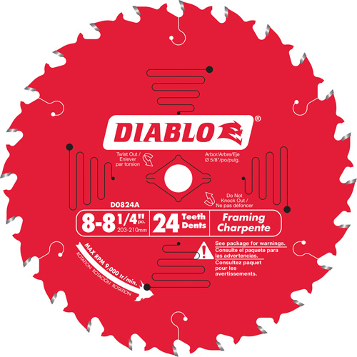 Framing Circular Saw Blade, 8-1/4", 24 Teeth, Laminate/Wood Use
