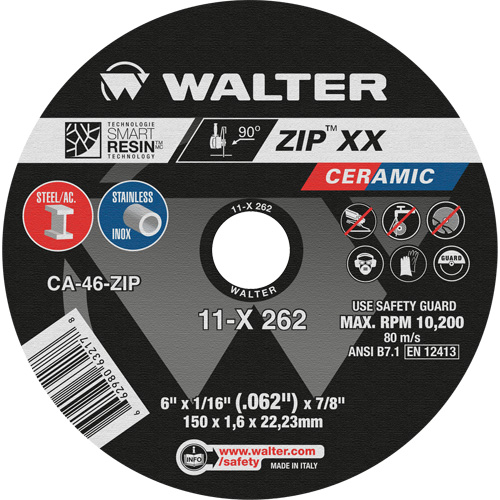 Zip™ XX Ceramic Cut-Off Wheel, 6" x 1/16", 7/8" Arbor, Type 1, Ceramic, 10200 RPM