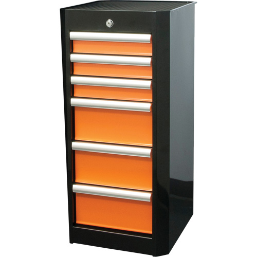 Side Rider Tool Drawer, 6 Drawers, 16" W x 18" D x 34" H, Black/Orange