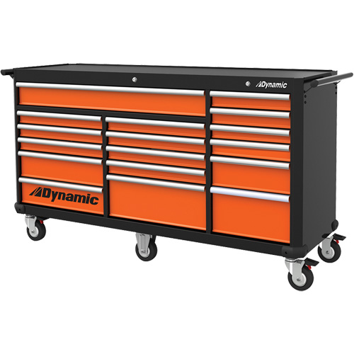 Roller Cabinet, 17 Drawers, 71" W x 24" D x 41" H, Black/Orange