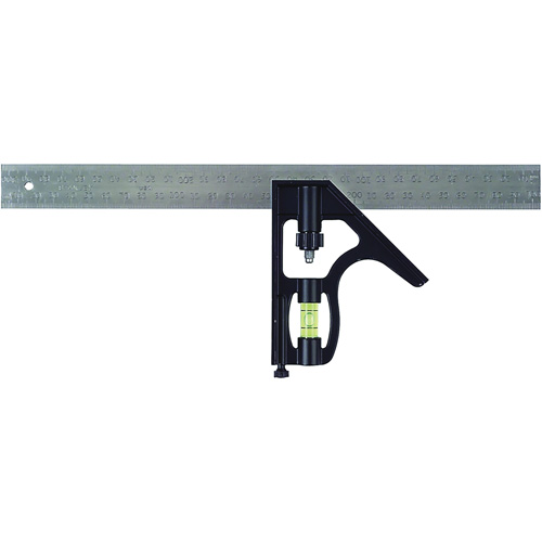 English/Metric Combination Square, 12" L, 1/16" Graduations, Steel, Chrome Plated