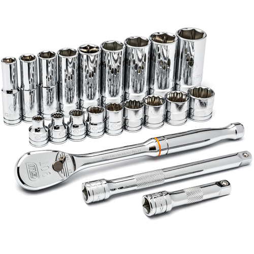 6 & 12 Point SAE Mechanics Tool Set, 21 Pcs, 3/8" Drive Size, Deep