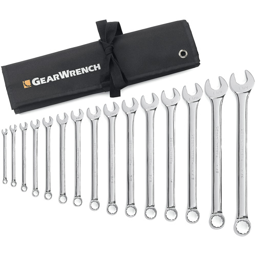 12-Point Long Pattern Wrench Set with Tool Roll, Combination, 15 Pieces, Imperial