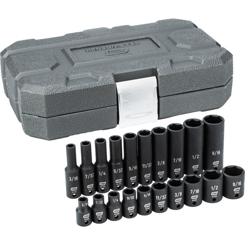 6 Point Standard and Deep Impact SAE Socket Set, 20 Pcs, Impact, 1/4" Drive Size