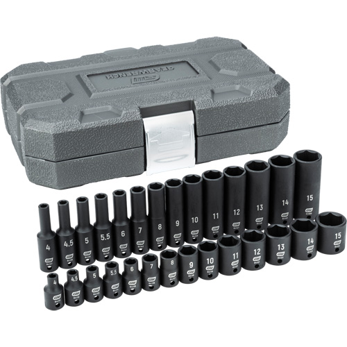6 Point Standard and Deep Impact Metric Socket Set, 28 Pcs, Impact, 1/4" Drive Size