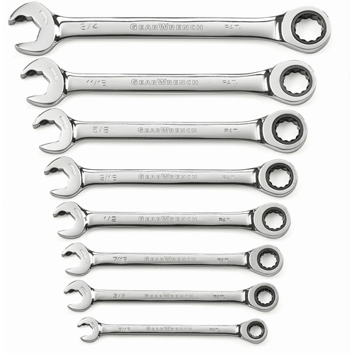 72-Tooth 12 Point Ratcheting SAE Wrench Set, Combination/Open-Ended, 8 Pieces, Imperial