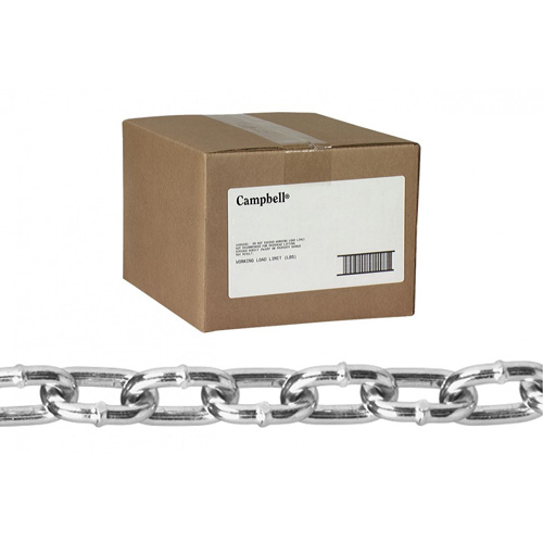 Straight Link Machine Chain, Low Carbon Steel, 3/0 x 100' (30.4 m) L, 635 lbs. (0.3175 tons) Load Capacity