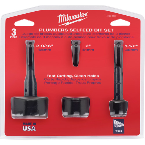 Plumber's Self Feed Drill Bit Set, 3 Pieces, Alloy Steel