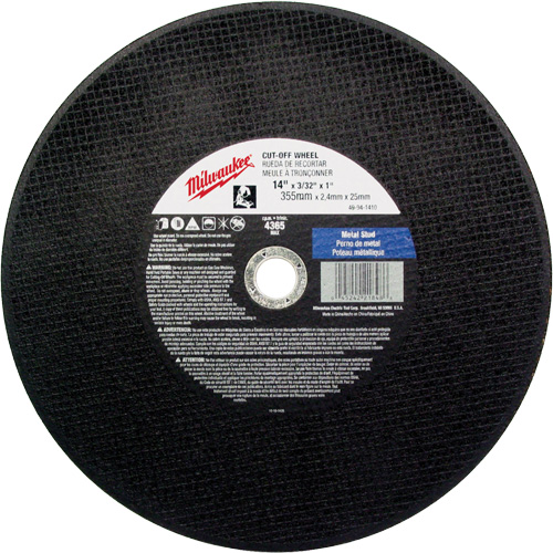 General Purpose Cut-Off Wheels, 14" x 3/32", 1" Arbor, Type 1, Aluminum Oxide, 4365 RPM