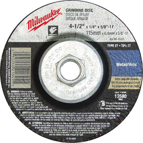 Grinding Wheel, 4-1/2" x 1/8", 5/8"-11 Arbor, Aluminum Oxide, Type 27