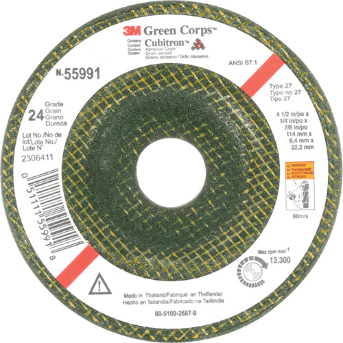 Green Corps™ Depressed Centre Wheel, 4-1/2" x 1/4", 7/8" Arbor, Ceramic, Type 27