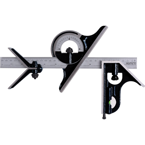 Combination Square Set with E/M Rule, 4 pcs., 1/64"/0.5 mm Graduations, Steel, Plain