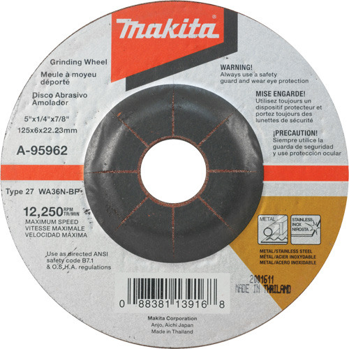 INOX Grinding Wheel, 5" x 1/4", 7/8" Arbor, Aluminum Oxide, Type 27