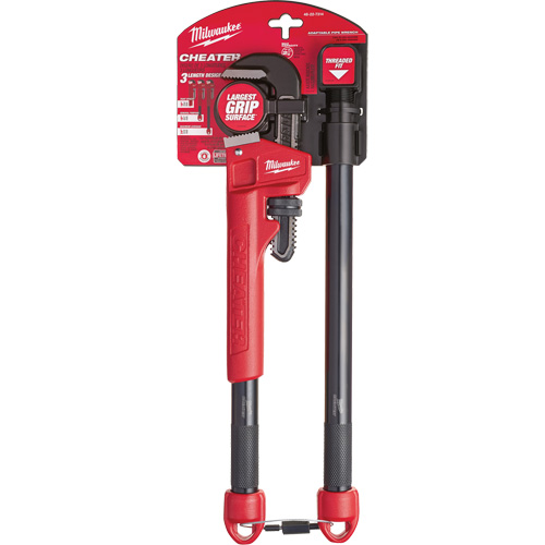 Cheater Adaptable Pipe Wrench, 2-1/2" Jaw Capacity, 18"/24"/10" Long, Powder Coated Finish, Ergonomic Handle