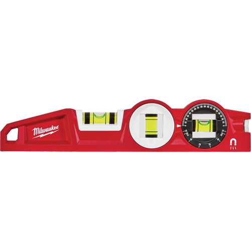 Die Cast Torpedo Level with 360 Degree Locking Vial, 10" L, Aluminum, 3 Vials, Magnetic