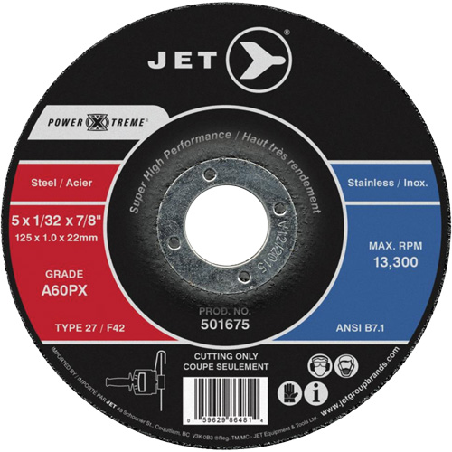Power Xtreme Cut-Off Wheels for Angle Grinders - Steel/Stainless Steel, 5" x 1/16", 7/8" Arbor, Type 27, 12200 RPM