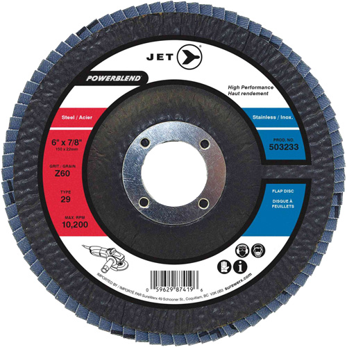 Flap Discs - Steel/Stainless Steel Application, 6" x 7/8", Type 29, Z60 Grit, Zirconium