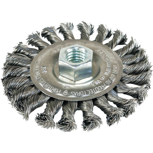 Twist Knot Wheels Threaded for Angle Grinders, 4" Dia., 0.022" Fill, 5/8"-11 Arbor, Steel