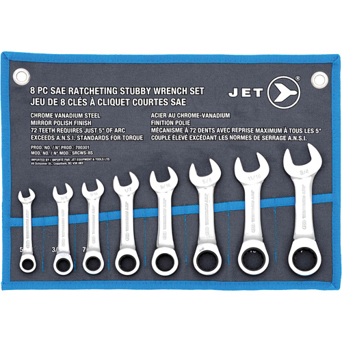 SRCWS-8S Stubby Ratcheting Wrench Set, Combination, 8 Pieces, Imperial