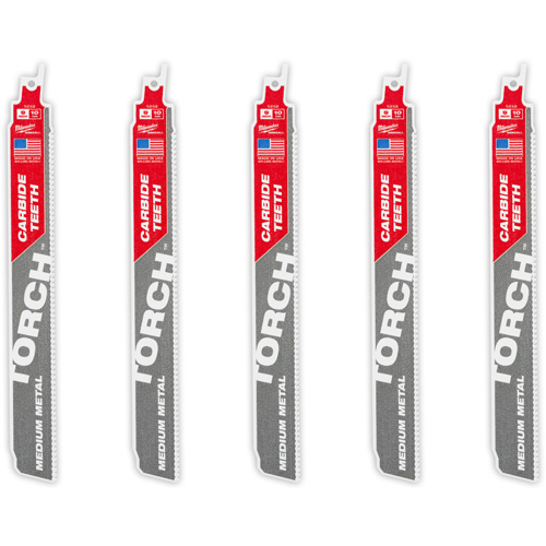 TORCH™ 5-Pack with Carbide Teeth for Medium Metal, Carbide, 10 TPI, 9" L x 1" W