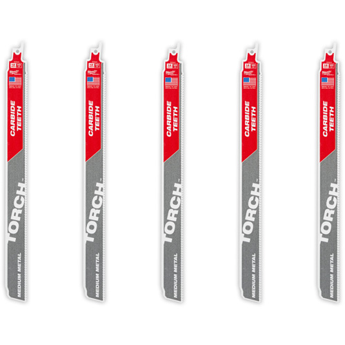 TORCH™ 5-Pack with Carbide Teeth for Medium Metal, Carbide, 10 TPI, 12" L x 1" W