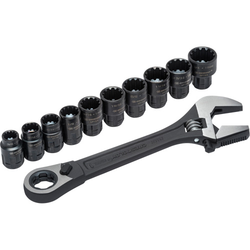11-Piece Pass-Thru™ X6™ Adjustable Wrench & Spline Socket Set, 13" L, 2-27/50" Max Width, Black Phosphate
