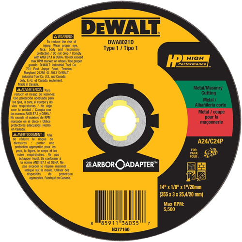 High Performance Cutting Wheel for Circular Saws, 14" x 1/8" Arbor, Aluminum Oxide