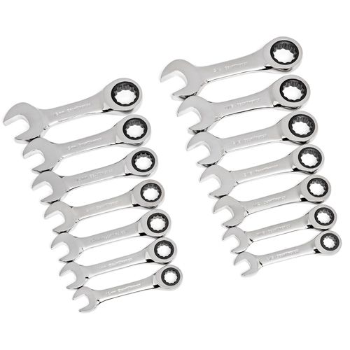 72-Tooth 12 Point Stubby Wrench Set, Ratcheting Combination, 14 Pieces, Imperial and Metric