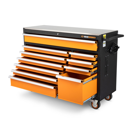 Rolling Tool Cabinet with Stainless Steel Worktop, 11 Drawers, 52" W x 18" D x 36" H, Black/Orange