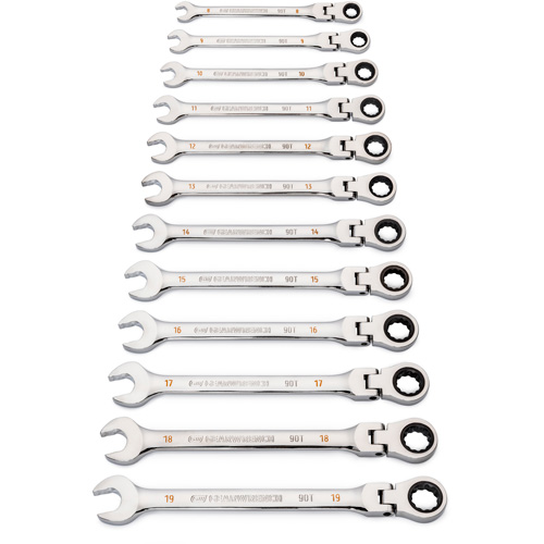 90-Tooth 12 Point Wrench Set, Flex Head/Ratcheting Combination, 12 Pieces, Metric