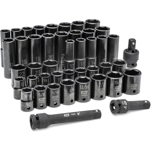 6 Point SAE/Metric Socket Set, 44 Pcs, Impact, 1/2" Drive Size, Deep