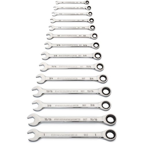 90-Tooth 12 Point SAE Wrench Set, Ratcheting Combination, 14 Pieces, Imperial