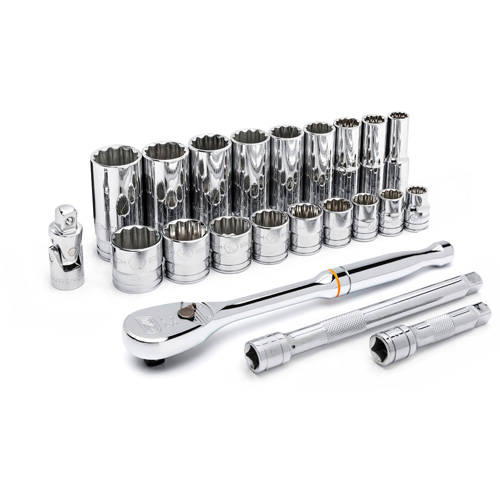 12 Point SAE Mechanics Tool Set, 22 Pcs, 3/8" Drive Size, Deep