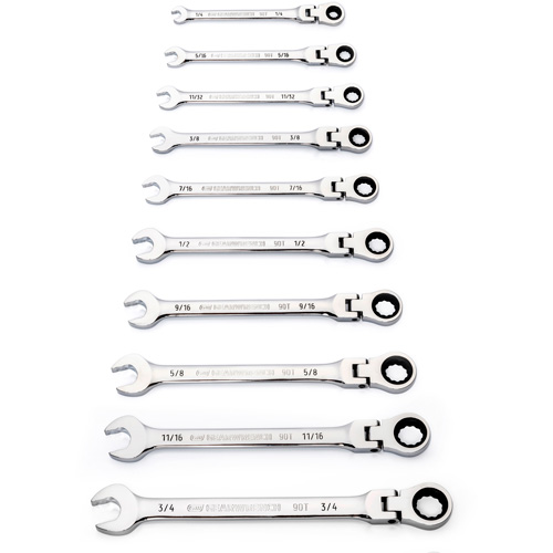 90-Tooth 12 Point SAE Wrench Set, Flex Head/Ratcheting Combination, 10 Pieces, Imperial