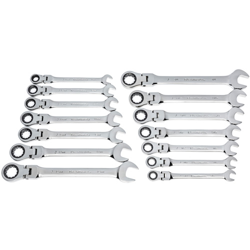 72-Tooth 12 Point Wrench Set, Flex Head/Ratcheting Combination, 14 Pieces, Imperial and Metric
