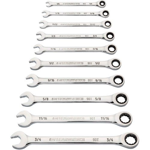 90-Tooth 12-Point Wrench Set, Ratcheting Combination, 10 Pieces, Imperial