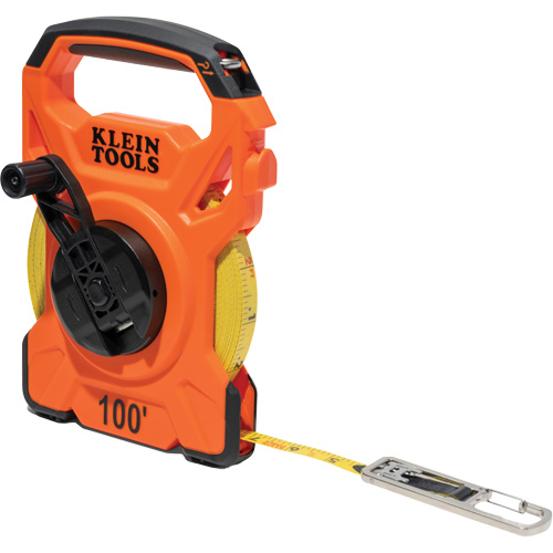 Open Reel Tape Measure with Single Hook & Carabiner, 1/2" x 100', 1/10" Graduations