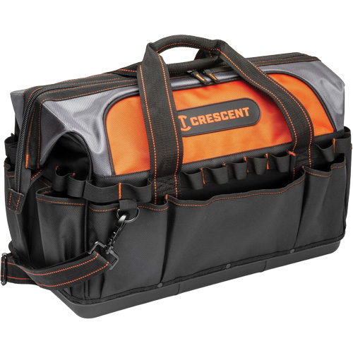 20" Contractor Tool Bag, 1680 Denier/Polyester, 31 Pockets, Black/Grey/Orange