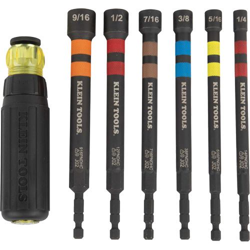 6-Piece Hollow Ratcheting Power Nut Driver Set, 1/4''/5/16''/3/8''/7/16''/1/2''/9/16'' Tip, 1/4" Drive, 6.3" L, Magnetic