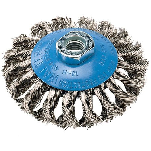 Knot-Twisted Saucer Cup Wire Wheel, 5" Dia., 0.02" Fill, 5/8"-11 Arbor, Aluminum/Stainless Steel