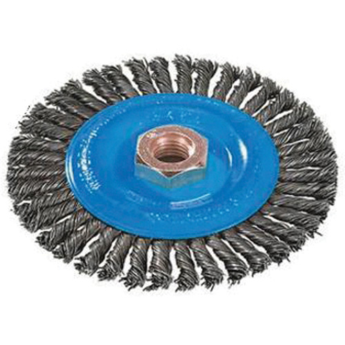 Stringer Bead Knotted Wire Brush, 4" Dia., 0.02" Fill, 5/8"-11 Arbor, Aluminum/Stainless Steel