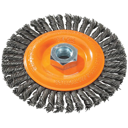Stringer Bead Knotted Wire Brush, 5" Dia., 0.02" Fill, 5/8"-11 Arbor, Steel
