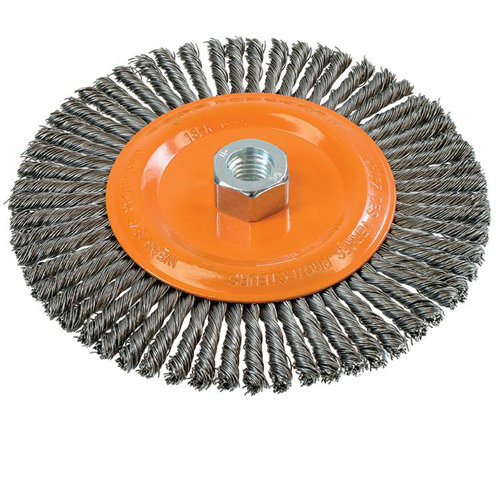 Stringer Bead Knotted Wire Brush, 6-7/8" Dia., 0.02" Fill, 5/8"-11 Arbor, Steel