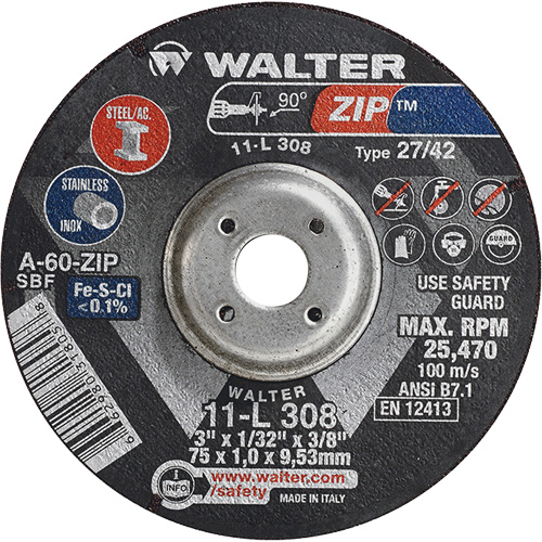 Zip™ Cutting and Grinding Wheel, 3" x 1/13", 3/8" Arbor, Type 27, 60 Grit, Aluminum Oxide