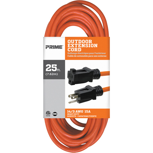 Vinyl Extension Cord, Outdoor, SJTW, 14/3 AWG, 15 A, 25'