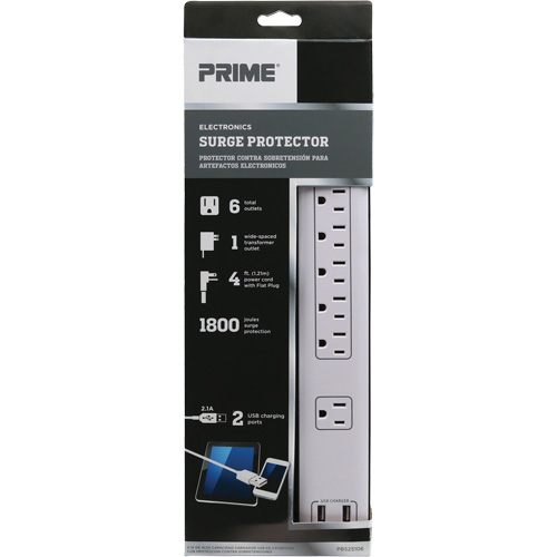 USB Charging Surge Protectors, 6 Outlets, 1800 J, 1875 W, 4' Cord