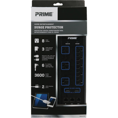 USB Charging Surge Protectors, 8 Outlets, 3600 J, 1875 W, 6' Cord