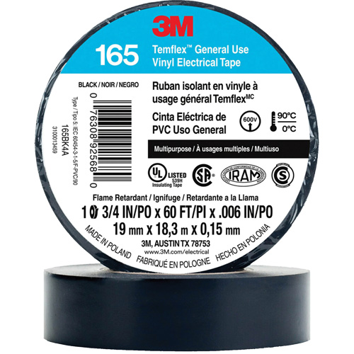 Temflex™ General Use Vinyl Electrical Tape 165, 19 mm (3/4") x 18 M (60'), Black, 6 mils